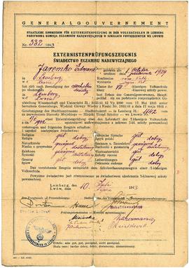 Externistenprüfungszeugnis=Świadectwo egzaminu nadzwyczajnego Edwarda Jaremki