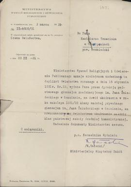 Pismo urzędowe [dot. duplikatu świadectwa szkolnego]