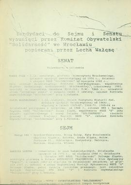 Kandydaci do Sejmu i Senatu wysunięci przez Komitet Obywatelski Solidarność we Wrocławiu popieran...