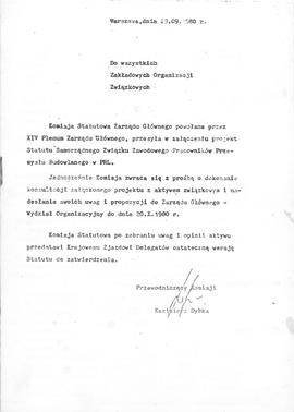 Projekt Statutu Samorządnego Związku Zawodowego Pracowników Przemysłu Budowlanego PRL