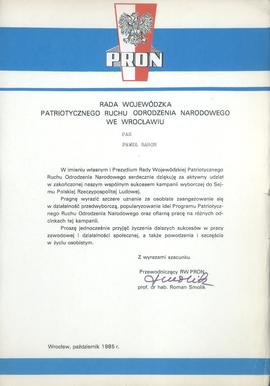 Podziękowanie z udział w kampanii wyborczej PRON